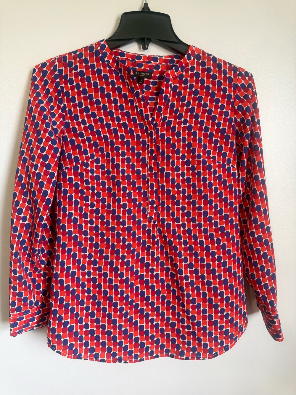 Talbots Red Orange & Blue Dot Split-Neck Tunic Blouse size Petite XS